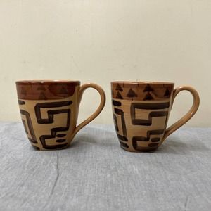 Starbucks Mugs Hand Painted In Italy Primitive Tribal Brown Tan FS Charity